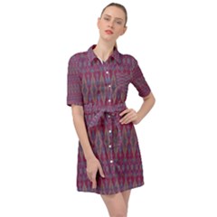 Red Blue Ikat Pattern Belted Shirt Dress by SpinnyChairDesigns