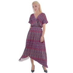 Red Blue Ikat Pattern Cross Front Sharkbite Hem Maxi Dress by SpinnyChairDesigns