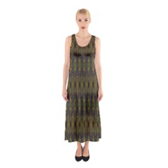 Olive Green And Blue Ikat Pattern Sleeveless Maxi Dress by SpinnyChairDesigns