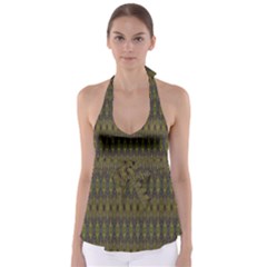 Olive Green And Blue Ikat Pattern Babydoll Tankini Top by SpinnyChairDesigns