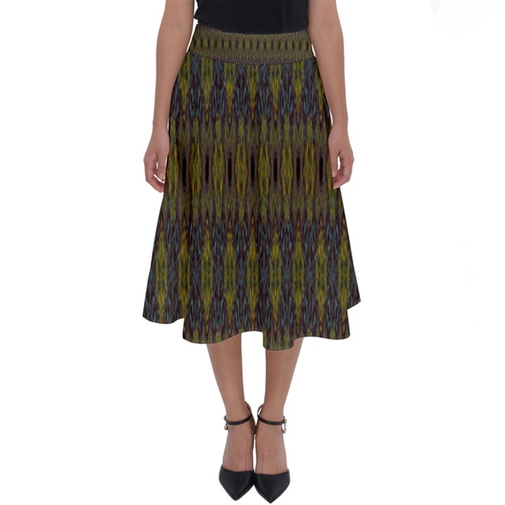 Olive Green and Blue Ikat Pattern Perfect Length Midi Skirt