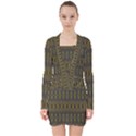 Olive Green and Blue Ikat Pattern V-neck Bodycon Long Sleeve Dress View1