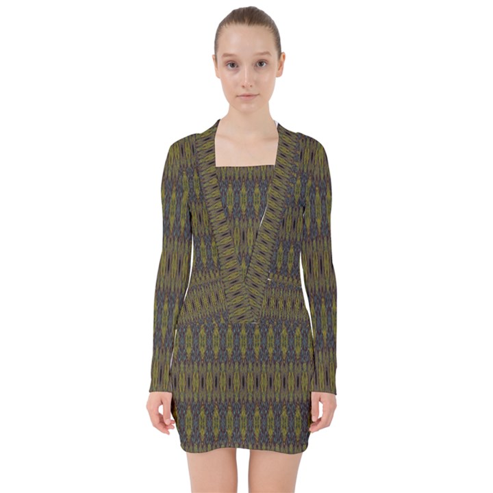 Olive Green and Blue Ikat Pattern V-neck Bodycon Long Sleeve Dress