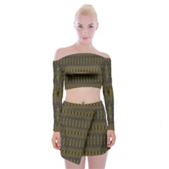 Olive Green And Blue Ikat Pattern Off Shoulder Top With Mini Skirt Set by SpinnyChairDesigns