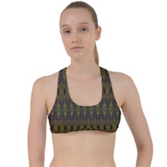 Olive Green And Blue Ikat Pattern Criss Cross Racerback Sports Bra by SpinnyChairDesigns