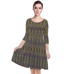 Olive Green And Blue Ikat Pattern Quarter Sleeve Waist Band Dress by SpinnyChairDesigns