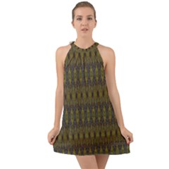 Olive Green And Blue Ikat Pattern Halter Tie Back Chiffon Dress by SpinnyChairDesigns