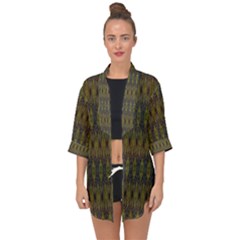 Olive Green And Blue Ikat Pattern Open Front Chiffon Kimono by SpinnyChairDesigns