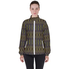 Olive Green And Blue Ikat Pattern Women s High Neck Windbreaker by SpinnyChairDesigns