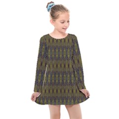 Olive Green And Blue Ikat Pattern Kids  Long Sleeve Dress by SpinnyChairDesigns