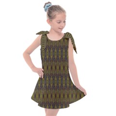 Olive Green And Blue Ikat Pattern Kids  Tie Up Tunic Dress by SpinnyChairDesigns