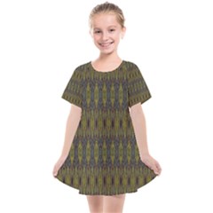 Olive Green And Blue Ikat Pattern Kids  Smock Dress by SpinnyChairDesigns