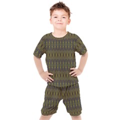 Olive Green And Blue Ikat Pattern Kids  Tee And Shorts Set by SpinnyChairDesigns