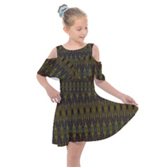 Olive Green And Blue Ikat Pattern Kids  Shoulder Cutout Chiffon Dress by SpinnyChairDesigns