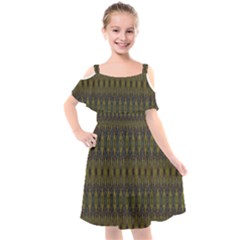 Olive Green And Blue Ikat Pattern Kids  Cut Out Shoulders Chiffon Dress by SpinnyChairDesigns