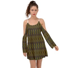 Olive Green And Blue Ikat Pattern Kimono Sleeves Boho Dress by SpinnyChairDesigns