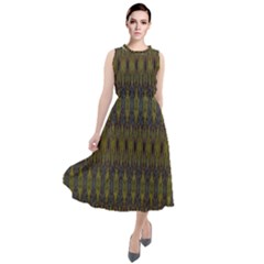 Olive Green And Blue Ikat Pattern Round Neck Boho Dress by SpinnyChairDesigns