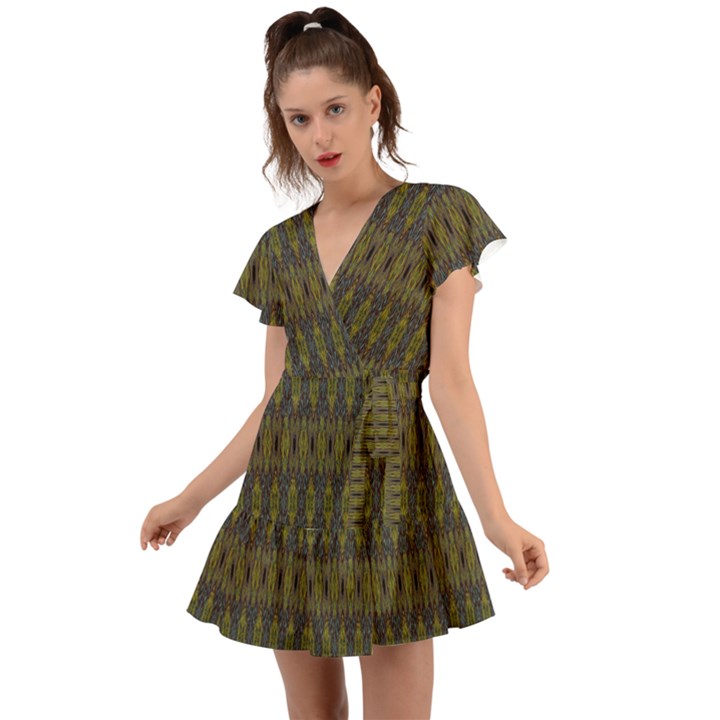 Olive Green and Blue Ikat Pattern Flutter Sleeve Wrap Dress