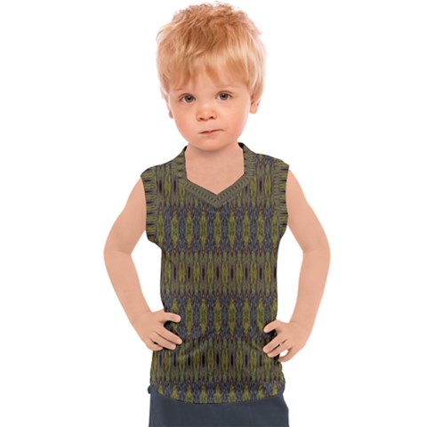 Olive Green And Blue Ikat Pattern Kids  Sport Tank Top by SpinnyChairDesigns