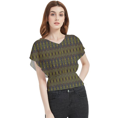 Olive Green And Blue Ikat Pattern Butterfly Chiffon Blouse by SpinnyChairDesigns