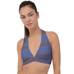 Purple Blue Ikat Stripes Halter Plunge Bikini Top by SpinnyChairDesigns