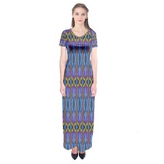 Purple Blue Ikat Stripes Short Sleeve Maxi Dress by SpinnyChairDesigns