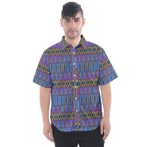 Purple Blue Ikat Stripes Men s Short Sleeve Shirt by SpinnyChairDesigns