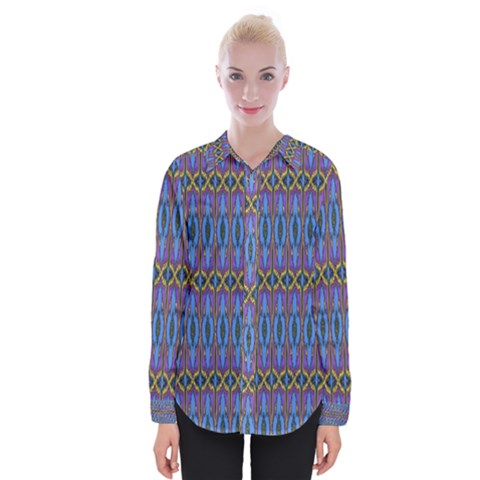 Purple Blue Ikat Stripes Womens Long Sleeve Shirt by SpinnyChairDesigns