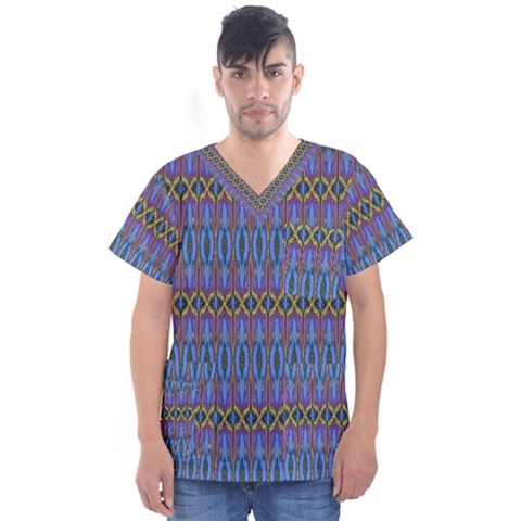 Purple Blue Ikat Stripes Men s V-neck Scrub Top by SpinnyChairDesigns