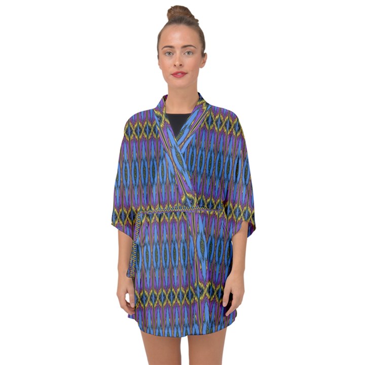 Purple Blue Ikat Stripes Half Sleeve Chiffon Kimono