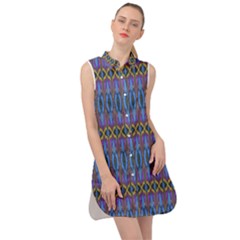 Purple Blue Ikat Stripes Sleeveless Shirt Dress by SpinnyChairDesigns