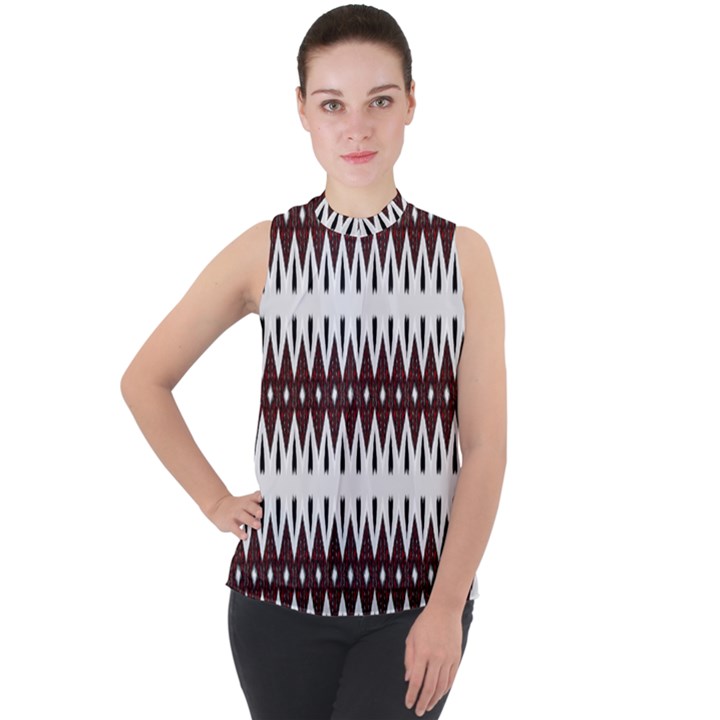 Brown and White Ikat Mock Neck Chiffon Sleeveless Top