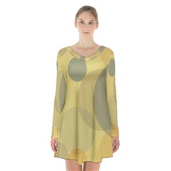 Yellow Grey Large Polka Dots Long Sleeve Velvet V-neck Dress by SpinnyChairDesigns