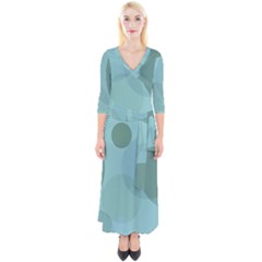 Teal Turquoise Blue Large Polka Dots Quarter Sleeve Wrap Maxi Dress by SpinnyChairDesigns