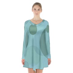 Teal Turquoise Blue Large Polka Dots Long Sleeve Velvet V-neck Dress by SpinnyChairDesigns