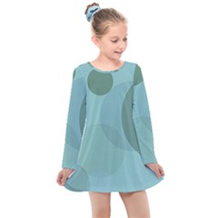 Teal Turquoise Blue Large Polka Dots Kids  Long Sleeve Dress by SpinnyChairDesigns