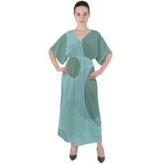 Teal Turquoise Blue Large Polka Dots V-neck Boho Style Maxi Dress by SpinnyChairDesigns