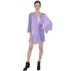 Purple Large Print Polka Dota V-neck Flare Sleeve Mini Dress by SpinnyChairDesigns