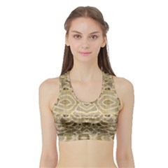 Ecru And Brown Intricate Pattern Sports Bra With Border by SpinnyChairDesigns