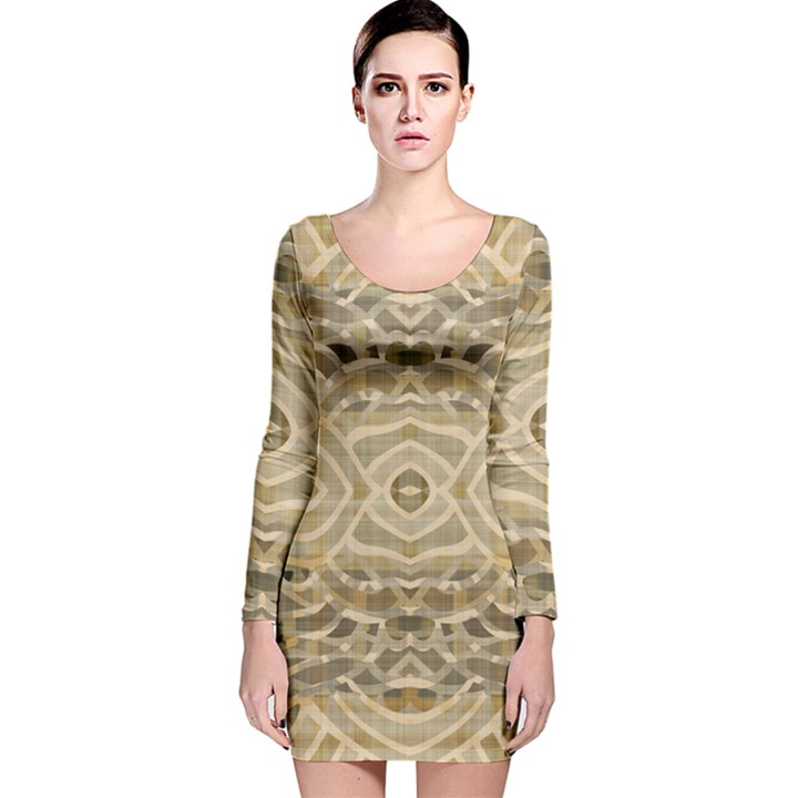 Ecru and Brown Intricate Pattern Long Sleeve Velvet Bodycon Dress