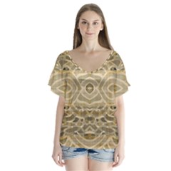 Ecru And Brown Intricate Pattern V-neck Flutter Sleeve Top by SpinnyChairDesigns