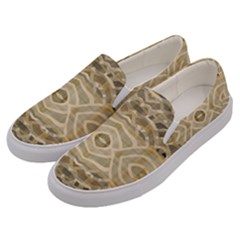 Ecru And Brown Intricate Pattern Men s Canvas Slip Ons by SpinnyChairDesigns