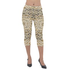 Ecru And Brown Intricate Pattern Lightweight Velour Capri Leggings  by SpinnyChairDesigns