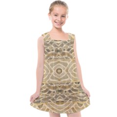 Ecru And Brown Intricate Pattern Kids  Cross Back Dress by SpinnyChairDesigns