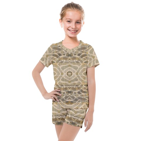 Ecru And Brown Intricate Pattern Kids  Mesh Tee And Shorts Set by SpinnyChairDesigns