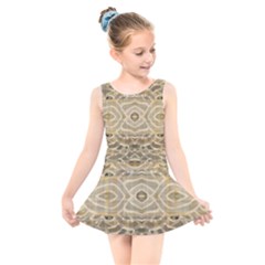 Ecru And Brown Intricate Pattern Kids  Skater Dress Swimsuit by SpinnyChairDesigns