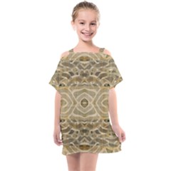 Ecru And Brown Intricate Pattern Kids  One Piece Chiffon Dress by SpinnyChairDesigns