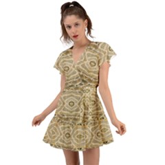 Ecru And Brown Intricate Pattern Flutter Sleeve Wrap Dress by SpinnyChairDesigns