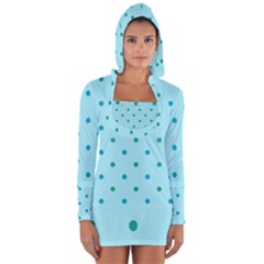 Blue Teal Green Polka Dots Long Sleeve Hooded T-shirt by SpinnyChairDesigns