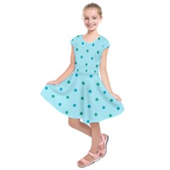 Blue Teal Green Polka Dots Kids  Short Sleeve Dress by SpinnyChairDesigns